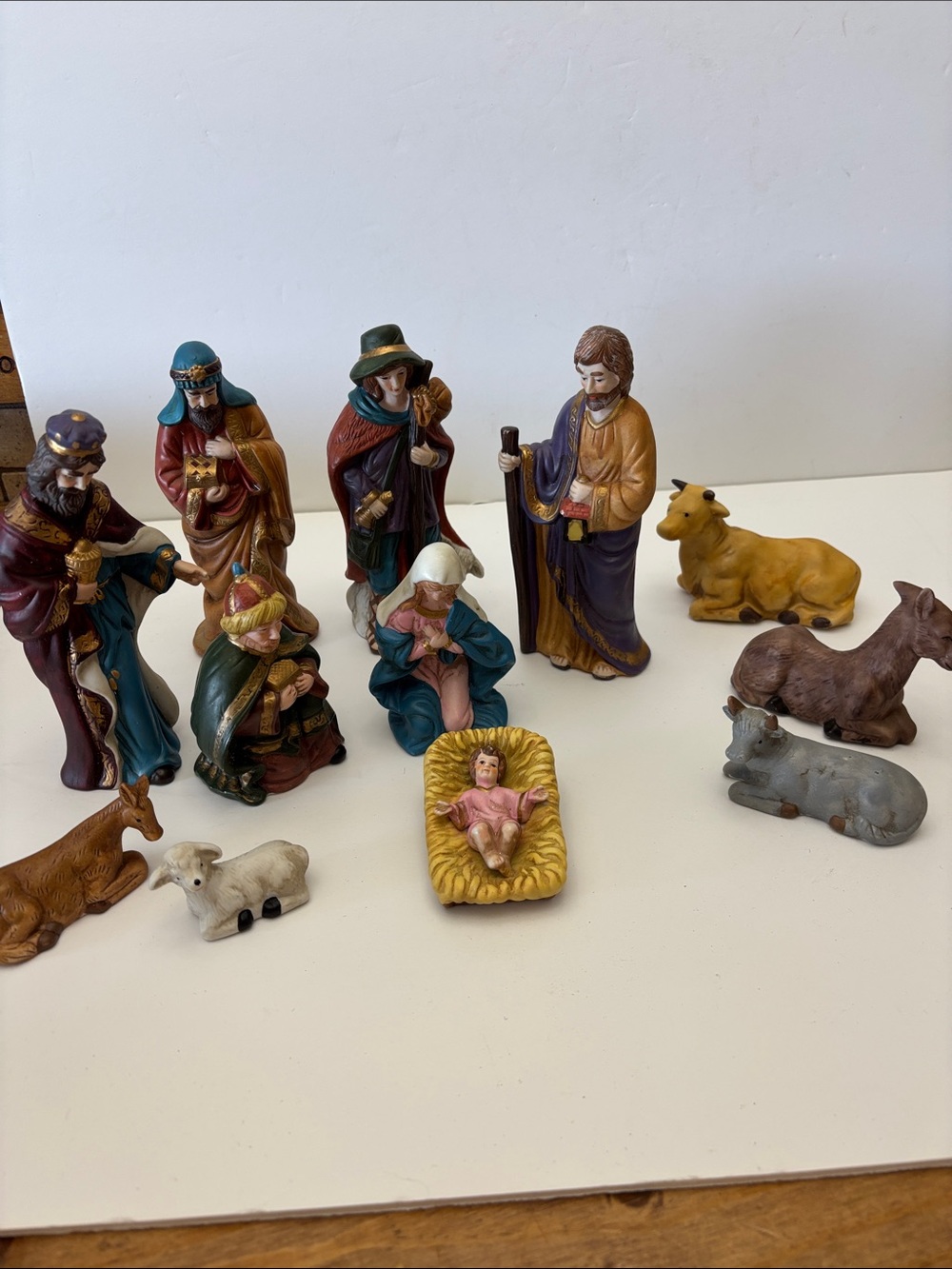 Vintage Nativity Figurine Set in Blue, Purple, Gold and Brown